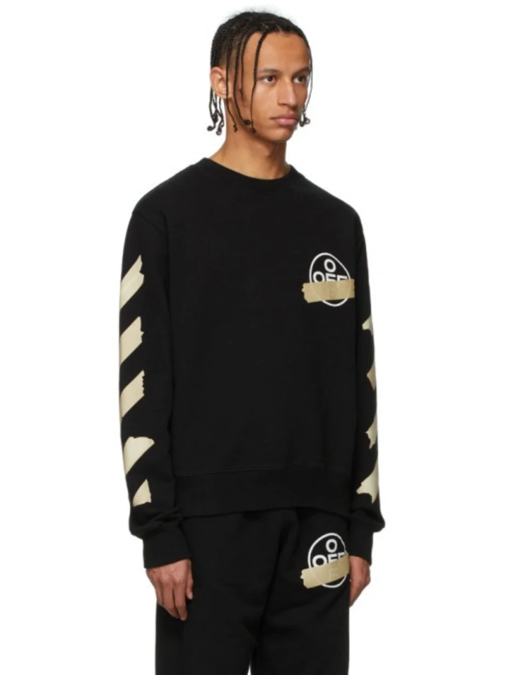 Off-White Black Crewneck with Beige Tape Chevron Details